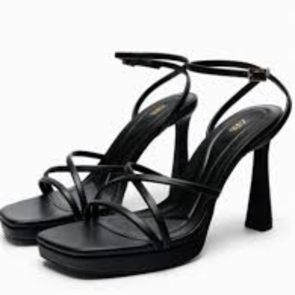 Zara Black Strappy Women's Square Toe Heels